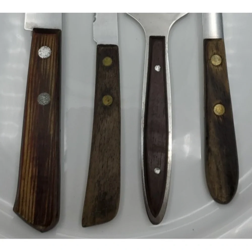 4 Mid-Century Kitchen Knives with Wood Handles Steak Cheese Grapefruit Multi-Use